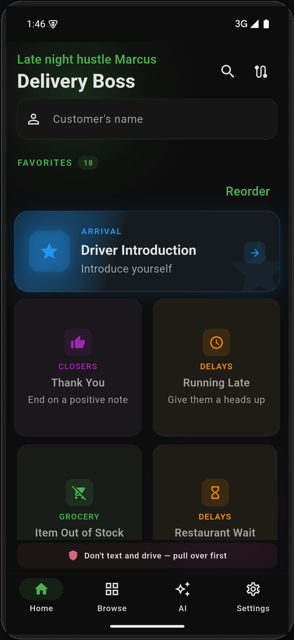 Delivery Boss app home screen showing message categories
